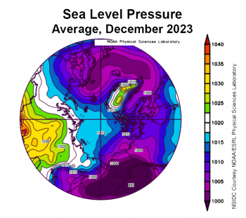 Figure 2b. This plot shows average sea level pressure in the Arctic in millibars for December 2023. Yellows and reds indicate above average air pressures; blues and purples indicate below average air pressures.||Credit: NSIDC courtesy NOAA Earth System Research Laboratory Physical Sciences Laboratory| High-resolution image 