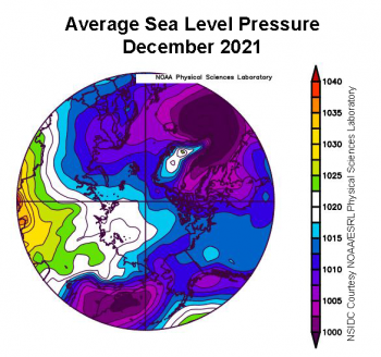Figure 2c. This plot shows average sea level pressure in the Arctic at the 925 hPa level, in degrees Celsius, for December 2021. Yellows and reds indicate high air pressure; blues and purples indicate low pressure.||Credit: NSIDC courtesy NOAA Earth System Research Laboratory Physical Sciences Laboratory|High-resolution image