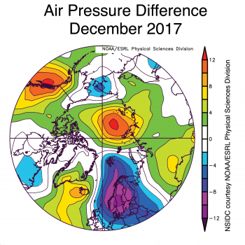 Figure 2c. This plot shows the departure from average sea level pressures at the 925 hPa level in degrees Celsius for December 2018. Yellows and reds indicate higher than average air pressures; blues and purples indicate lower than average air pressures.|