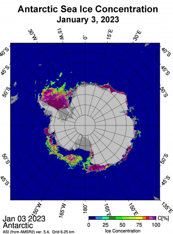 Figure 5a. This map from January 3, 2023, shows a large polynya that now spans the Ross Sea and much of the western Amundsen Sea, as well as polynyas that have appeared in Pine Island Bay and the southeastern Weddell Sea. Sea ice concentration data are from the Japan Aerospace Exploration Agency Advanced Microwave Scanning Radiometer 2 (AMSR2) imagery. ||Credit: University of Bremen|High-resolution image