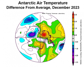 Figure 5c. This plot shows the departure from average air temperature in the Arctic at the 925 hPa level, in degrees Celsius, for December 2023. Yellows and reds indicate above average temperatures; blues and purples indicate below average temperatures.||Credit: NSIDC courtesy NOAA Earth System Research Laboratory Physical Sciences Laboratory| High-resolution image 