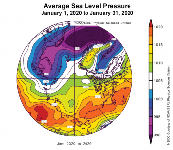 Figure 2c. This plot shows average sea level pressure in the Arctic in millibars (hPa) from January 1, 2020 to January 31, 2020. Yellows and reds indicate high air pressure; blues and purples indicate low pressure. ||Credit: NSIDC courtesy NOAA Earth System Research Laboratory Physical Sciences Division|High-resolution image