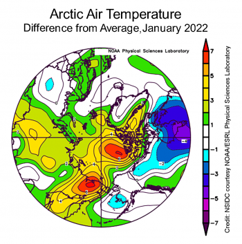 Air temperatures over Arctic Ocean Jan 2022