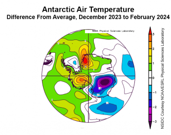 Figure 5c. This plot shows the departure from average air temperature in the Antarctic at the 925 hPa level, in degrees Celsius, for December 2023 through February 2024. Yellows and reds indicate above average temperatures; blues and purples indicate below average temperatures.||Credit: NSIDC courtesy NOAA Earth System Research Laboratory Physical Sciences Laboratory| High-resolution image 