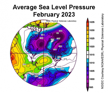 Figure 2a. This plot shows average sea level pressure in the Arctic in millibars for February 2023. Yellows and reds indicate high air pressure; blues and purples indicate low pressure. ||Credit: NSIDC courtesy NOAA Earth System Research Laboratory Physical Sciences Laboratory|High-resolution image