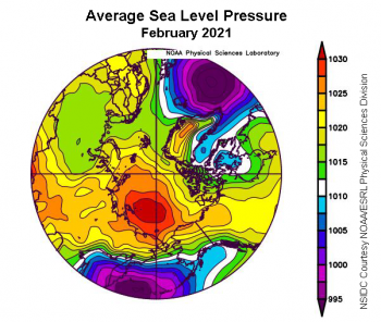 Figure 2c. This plot shows average sea level pressure in the Arctic in millibars for February 2021. Yellows and reds indicate high air pressure; blues and purples indicate low pressure. ||Credit: NSIDC courtesy NOAA Earth System Research Laboratory Physical Sciences Division |High-resolution image 