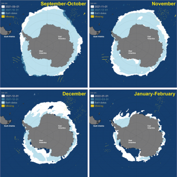 Figure 4b. This figure shows the pattern of the 2021 to 2022 Antarctic sea ice decline since the September winter maximum. Each panel shows the sea ice extent for the two dates in the legend, with the earlier date extent in white and the later date extent in light blue. ||Credit: National Snow and Ice Data Center| High-resolution image 