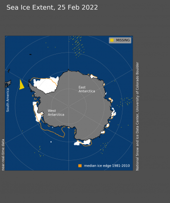 Antarctic sea ice minimum extent on Feb 25, 2022