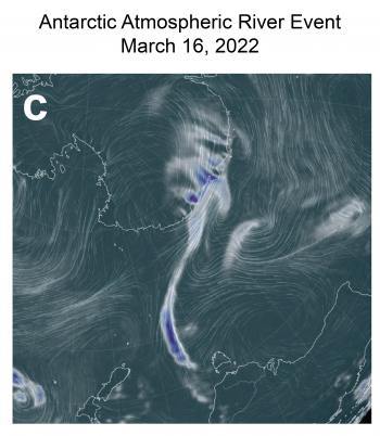 Figure 6b. These weather maps shows the atmospheric river event over Antarctica on March 16, 2022. As of 16:00 Coordinated Universal Time (UTC) the atmospheric river of water vapor flows onto the East Antarctic coast. ||Credit: University of Maine, National Oceanic and Atmospheric Administration | High-resolution image