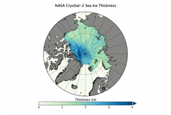 Figure 4b. This maps shows sea ice thickness for February 22, 2020. Light green depicts ice under a meter thin; dark blue depicts ice up to 4 meters thick. NASA Goddard (Kurtz and Harbeck, 2017) produces the thickness product and the NASA NSIDC Distributed Active Archive Center distributes it.||Credit: W. Meier, NSIDC | High-resolution image