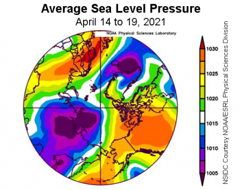 Figure 2b. This plot shows average sea level pressure in the Arctic in millibars from April 14 to 19, 2021. Yellows and reds indicate high air pressure; blues and purples indicate low pressure. ||Credit: NSIDC courtesy NOAA Earth System Research Laboratory Physical Sciences Division|High-resolution image
