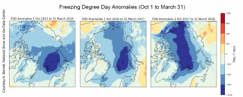 Figure 5a. These maps show the cumulative number of freezing degree day anomalies from the Climate Forecast System version 2 (CFSv2). Courtesy of A. Barrett, National Snow and Ice Data Center|