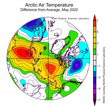 Figure 2X. This plot shows the departure from average air temperature in the Arctic at the 925 hPa level, in degrees Celsius, for XXXmonthXX 20XX. Yellows and reds indicate higher than average temperatures; blues and purples indicate lower than average temperatures.||Credit: NSIDC courtesy NOAA Earth System Research Laboratory Physical Sciences Division| High-resolution image 