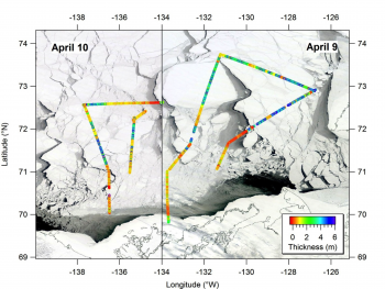Figure 4. The image above shows ice thickness measurements in the Beaufort Sea on April 9 and 10, 2016, superimposed on concurrent imagery from the Moderate Resolution Imaging Spectroradiometer (MODIS) sensor on the NASA Terra and Aqua satellites.