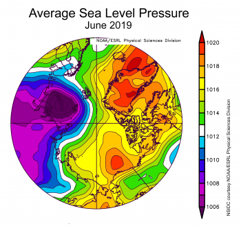 Figure 2X. This plot shows average sea level pressure in the Arctic in millibars (hPa) for June 2019. Yellows and reds indicate high air pressure; blues and purples indicate low pressure.||Credit: NSIDC courtesy NOAA Earth System Research Laboratory Physical Sciences Division| High-resolution image 