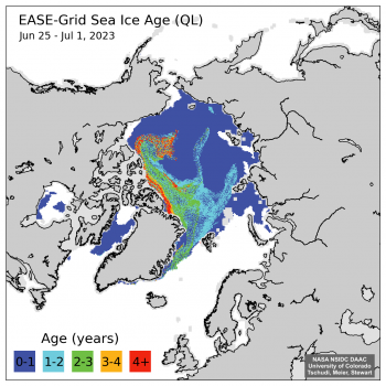 Figure 4. The top maps show sea ice age for the week of February 26 to March 4 for (a) 1985 and (b) 2023. The bottom graph is a time series of the percent of the sea ice extent within the Arctic Ocean domain (inset map) for the week of February 26 to March 4, 1985, through 2023; color categories are the same as in the maps. ||Credit: Data and images are from NSIDC EASE-Grid Sea Ice Age, Version 4 (Tschudi et al., 2019a) and Quicklook Arctic Weekly EASE-Grid Sea Ice Age, Version 1.| High-resolution image 