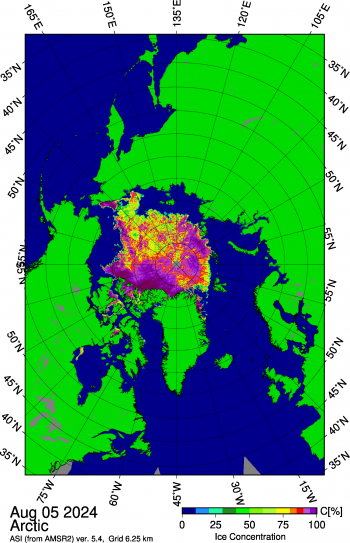 Figure 1c. This image from the Japan Aerospace Exploration Agency (JAXA) Advanced Microwave Scanning Radiometer 2 (AMSR2) shows sea ice concentration in the Arctic Ocean on August 5, 2024, highlighting areas of low concentration ice stretching north from the Beaufort and East Siberian Seas, and north of Greenland.||Credit: Japan Aerospace Exploration Agency, courtesy University of Bremen|High-resolution image