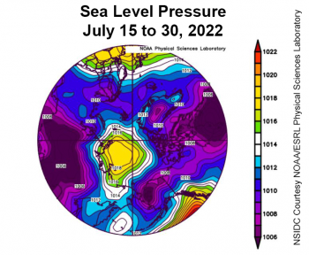 Figure 2a. This plot shows average sea level pressure in the Arctic in millibars from July 15 to July 30, 2022. Yellows and reds indicate high air pressure; blues and purples indicate low pressure. ||Credit: NSIDC courtesy NOAA Earth System Research Laboratory Physical Sciences Laboratory|High-resolution image
