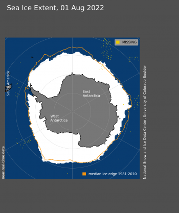Figure 4. Antarctic sea ice extent for August 1, 2022 was X.XX million square kilometers (X.XX million square miles). The orange line shows the 1981 to 2010 average extent for that day. Sea Ice Index data. About the data||Credit: National Snow and Ice Data Center|High-resolution image