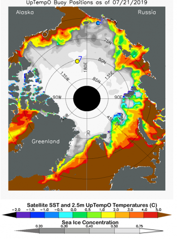 Figure 4b. Sea surface temperature in degrees Celsius for July 31, 2019 from the University of Washington Polar Science Center UpTempO buoys and satellite-derived values from NOAA. ||Credit: National Oceanic and Atmospheric Organization| High-resolution image 