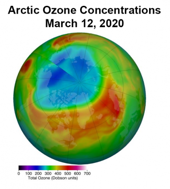 Figure 5. This figure shows record low Arctic ozone concentrations observed on March 12, 2020. ||Credit: NASA Goddard Earth Observing System data assimilation system (DAS). |High-resolution image