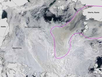 Figure 1b. This satellite image of the Arctic Ocean on August 8, 2021, shows sea ice break up in the Northern Chukchi and Beaufort Seas. The magenta outline depicts smoke from Siberian fires moving over Arctic sea ice. The Moderate Resolution Imaging Spectroradiometer (MODIS) on board NASA's Terra and Aqua satellites took this image. ||Credit: National Snow and Ice Data Center/NASA Worldview|High-image resolution