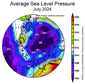 Average sea level pressure for Arctic for July 2024