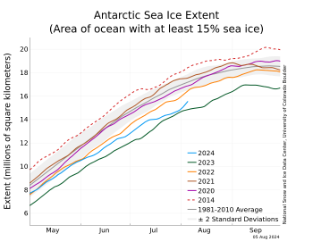 Antarctic sea ice extent with several years as of August 5, 2024