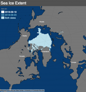 Figure 1b. The map above compares Arctic sea ice extent on September 19, 2018 and September 23, 2018, when Arctic sea ice reached its minimum extent for the year. Sea Ice Index data. About the data Credit: National Snow and Ice Data Center High-resolution image 