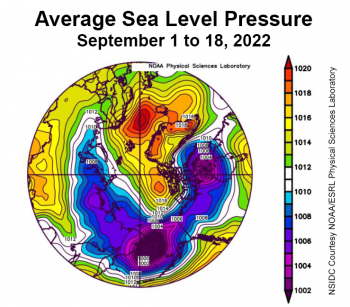 Figure 2c. This plot shows average sea level pressure in the Arctic in millibars from September 1 to 18, 2022. Yellows and reds indicate high air pressure; blues and purples indicate low pressure. ||Credit: NSIDC courtesy NOAA Earth System Research Laboratory Physical Sciences Laboratory |High-resolution image