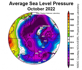 Figure 2b. This plot shows average sea level pressure in the Arctic in millibars for October 2022. Yellows and reds indicate high air pressure; blues and purples indicate low pressure. ||Credit: NSIDC courtesy NOAA Earth System Research Laboratory Physical Sciences Laboratory|High-resolution image