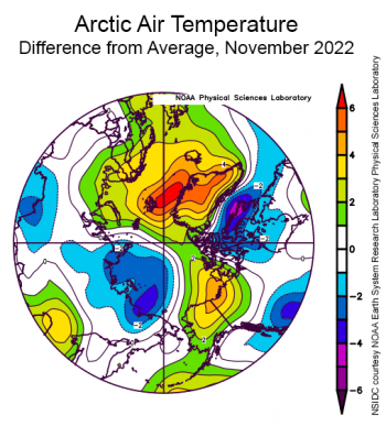 Figure 2b. This plot shows the departure from average air temperature in the Arctic at the 925 hPa level, in degrees Celsius, for XXXmonthXX 20XX. Yellows and reds indicate higher than average temperatures; blues and purples indicate lower than average temperatures.||Credit: NSIDC courtesy NOAA Earth System Research Laboratory Physical Sciences Laboratory| High-resolution image 