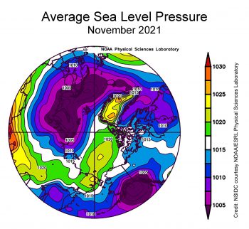Figure 2X. This plot shows average sea level pressure in the Arctic in millibars for XXXmonthXX 20XX. Yellows and reds indicate high air pressure; blues and purples indicate low pressure.||Credit: NSIDC courtesy NOAA Earth System Research Laboratory Physical Sciences Laboratory| High-resolution image 