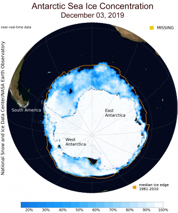 Figure 4. This map shows sea ice concentration surrounding Antarctica on December 3, 2019. A polynya, or opening in sea ice, is visible west of the Weddell Sea. ||Credit: NSIDC| High-resolution image