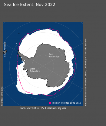 Figure 5. Antarctic sea ice extent for XXXX 20XX was X.XX million square kilometers (X.XX million square miles). The magenta line shows the 1981 to 2010 average extent for that month. Sea Ice Index data. About the data||Credit: National Snow and Ice Data Center|High-resolution image