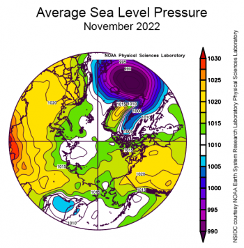 Figure 2c. This plot shows average sea level pressure in the Arctic in millibars for XXXmonthXX 20XX. Yellows and reds indicate high air pressure; blues and purples indicate low pressure.||Credit: NSIDC courtesy NOAA Earth System Research Laboratory Physical Sciences Laboratory| High-resolution image 