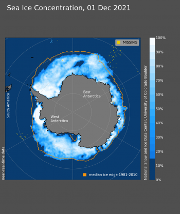 Figure 5. Figure 5. This maps shows Antarctic sea ice concentration on November 30, 2021. The yellow area shows missing data. The orange line shows the 1981 to 2010 average extent for that day. Sea Ice Index data. About the data||Credit: National Snow and Ice Data Center|High-resolution image