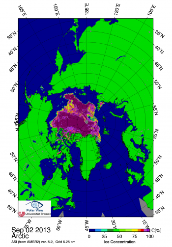 Figure 4. This image from the AMSR2 satellite instrument shows Arctic sea ice concentration for September 2, 2013. A dark blue area of apparent open water can be seen near the North Pole, surrounded by a low ice concentration area. The gray circle indicates where the instrument did not acquire data, due to its orbit.|\Credit: NSIDC/University of Bremen|High-resolution image