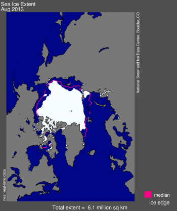 Figure 1. Arctic sea ice extent for August 2013 was X.xx million square kilometers (X.XX million square miles). The magenta line shows the 1981 to 2010 median extent for that month. The black cross indicates the geographic North Pole. Sea Ice Index data. About the data||Credit: National Snow and Ice Data Center|High-resolution image