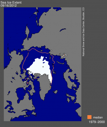 Imagem da Nasa/NSIDC mostra redução da extensão de gelo marinho no Ártico desde 1979