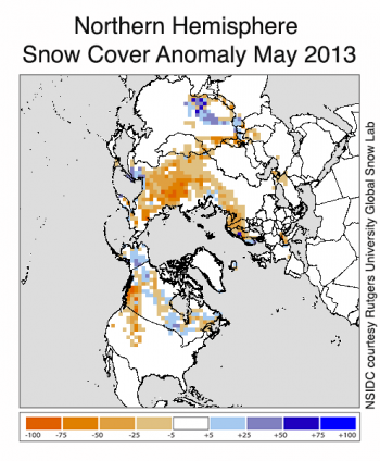Figure 4. This snow cover anomaly map shows the difference between snow cover for May 2013, compared with average snow cover for May from 1971 to 2000. Areas in orange and red indicate lower than usual snow cover, while regions in blue had more snow than normal. |Credit: National Snow and Ice Data Center, data courtesy Rutgers University Global Snow Lab  High-resolution image