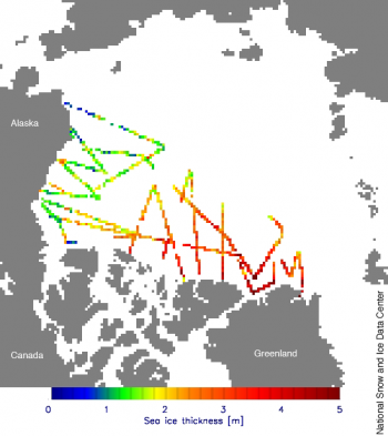 Figure 4. Data from NASA Operation IceBridge flights over the Arctic Ocean during March and April 2013 indicate