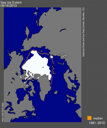 Figure 1. Arctic sea ice extent for September 16, 2013 was 5.10 million square kilometers (X.XX million square miles). The orange line shows the 1981 to 2010 median extent for that month. The black cross indicates the geographic North Pole.  Sea Ice Index data. About the data||Credit: National Snow and Ice Data Center|High-resolution image
