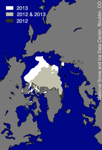 Figure 3. This image compares differences in ice-covered areas between September 13, 2013, the date of this year’s minimum, and September 16, 2012, the record low minimum extent. Light gray shading indicates the region where ice occurred in both 2013 and 2012, while white and dark gray areas show ice cover unique to 2013 and to 2012, respectively.  Sea Ice Index data. About the data||Credit: National Snow and Ice Data Center|High-resolution image
