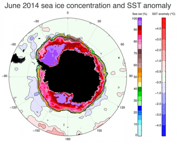 Figure 6. Antarctic sea ice concentration anomaly (deeper colors) and ocean surface temperature anomaly (pastel blue and red) for June 2014. Cool ocean conditions are present around much of the sea ice edge. The mean ice edge is shown in black. ||Credit:  P. Reid, Australia Bureau of Meteorology|  High-resolution image 