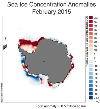 Figure 6a. This figure shows the concentration anomaly for February 2015 monthly average extent relative to the 1981 to 2010 average.  Sea Ice Index data. About the data||Credit: National Snow and Ice Data Center|High-resolution image