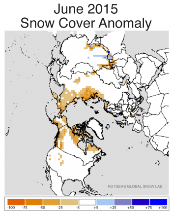 Figure 4a. This snow cover anomaly map shows the difference between snow cover for June 2015, compared with average snow cover for June from 1981 to 2010. Areas in orange and red indicate lower than usual snow cover, while regions in blue had more snow than normal.||Credit: National Snow and Ice Data Center, courtesy Rutgers University Global Snow Lab|  High-resolution image 
