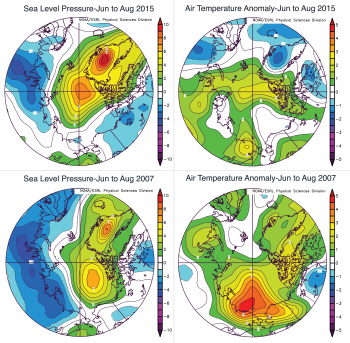 Figure 2b. This figure shows patterns of sea level pressure and air temperature at the 925 hPa level for the summers (June through August) of 2015 and for 2007, expressed as differences with respect to average conditions over the period 1981 to 2010.