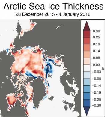 Figure 4. This graph shows differences in Arctic sea ice from December 28, 2015 to January 4, 2016, estimated from the Pan-Arctic Ice Ocean Modeling and Assimilation System (PIOMAS).