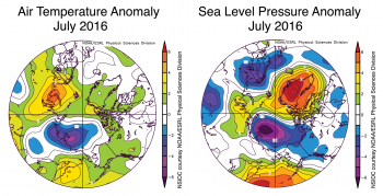 Figure 2b. The plot above shows July 2016 Arctic air temperature anomalies at the 925 hPa level in degrees Celsius and sea level pressure anomalies. Yellows and reds indicate higher than average temperatures and pressure; blues and purples indicate lower than average temperatures and pressure.
